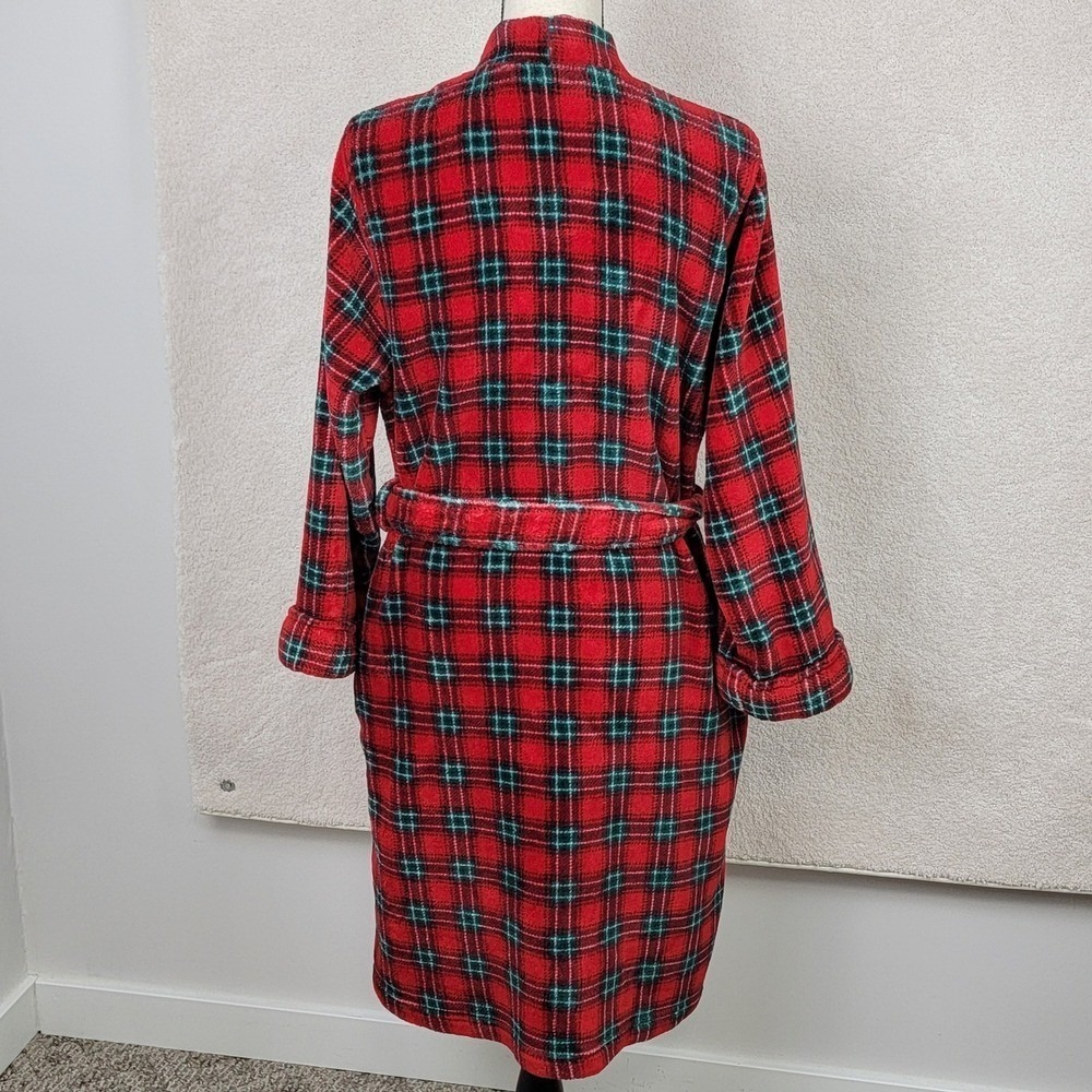 Lauren Ralph Lauren Plaid Robe‎ Women Large Red Excellent Fleece Monogram Belted - Picture 5 of 12